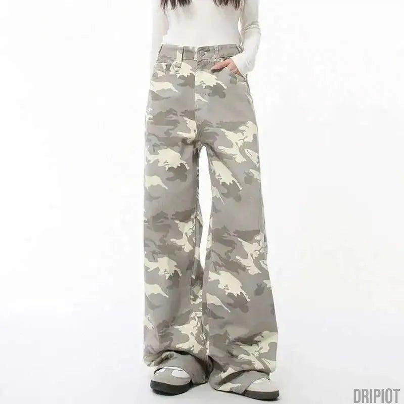 Washed Camo Loose Jeans - DRIPIOT