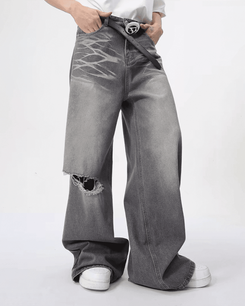 Contrast Wide Denim Jeans - Color: Gray - DRIPIOT