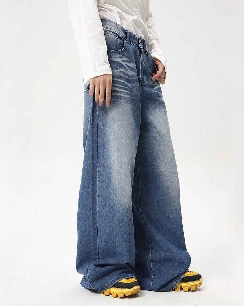 Folded Draping Straight Jeans - Color: Blue - DRIPIOT