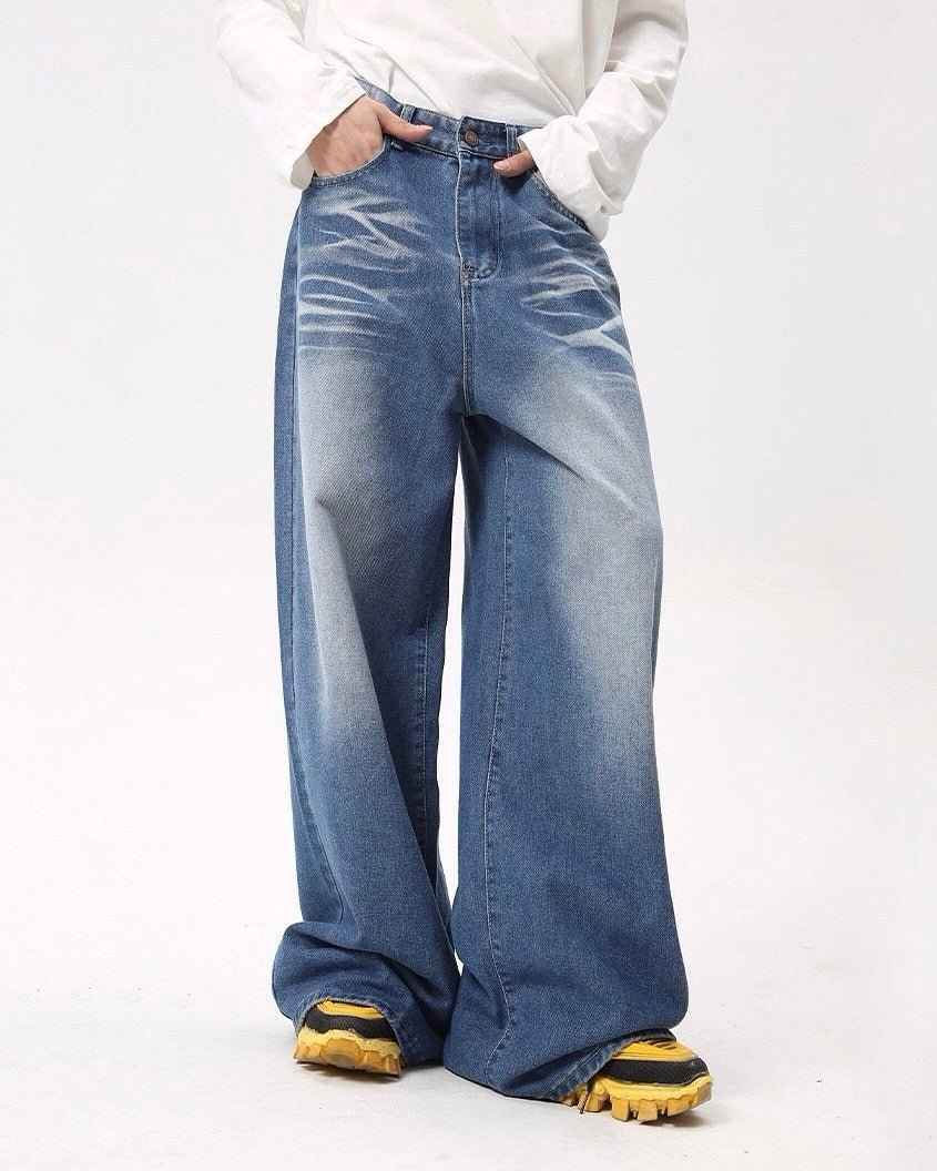 Folded Draping Straight Jeans - Color: Blue - DRIPIOT