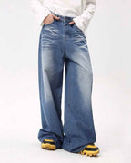 Folded Draping Straight Jeans - Color: Blue - DRIPIOT