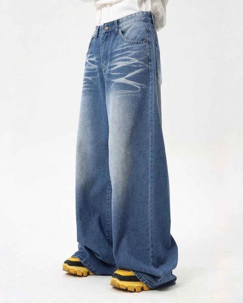 Folded Draping Straight Jeans - Color: Blue - DRIPIOT