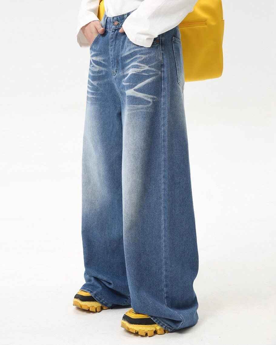 Folded Draping Straight Jeans - Color: Blue - DRIPIOT