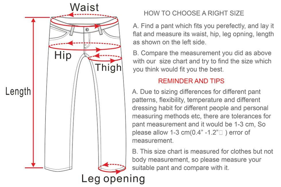 Guide on how to choose the right size for pants with measurements and text instructions.