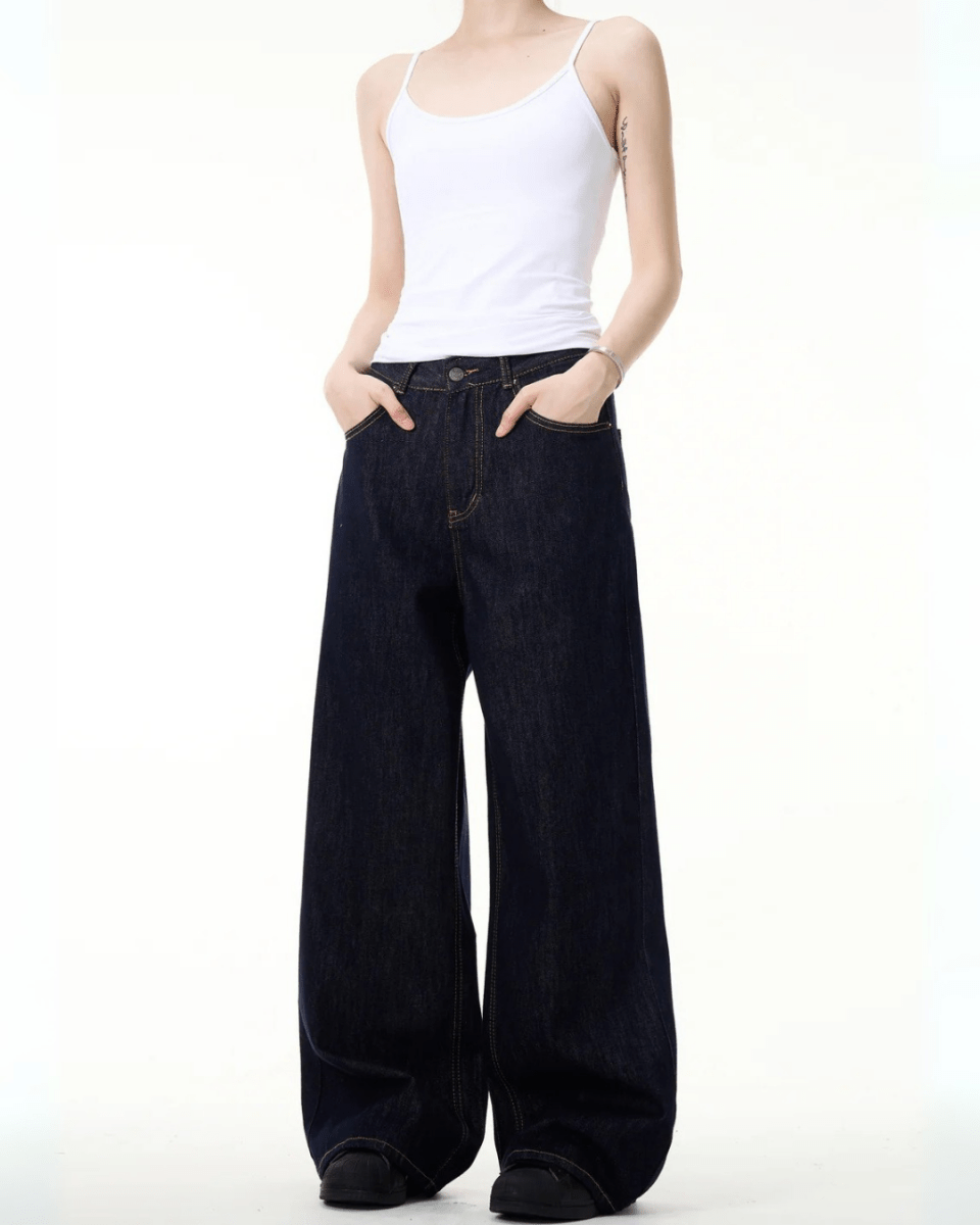 Simple Wide Leg Denim Jeans - Color: Navy Blue - DRIPIOT