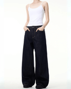 Simple Wide Leg Denim Jeans - Color: Navy Blue - DRIPIOT