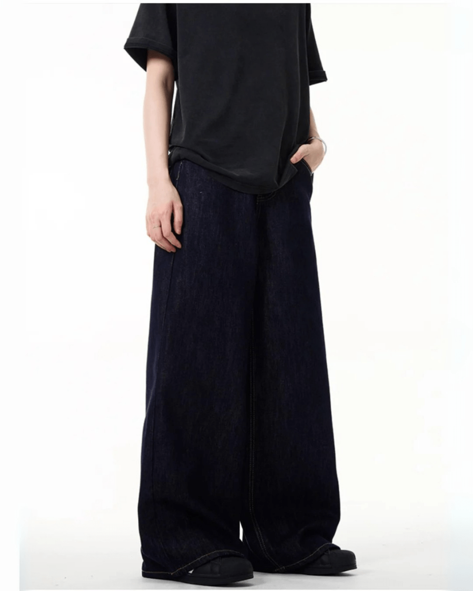 Simple Wide Leg Denim Jeans - Color: Navy Blue - DRIPIOT