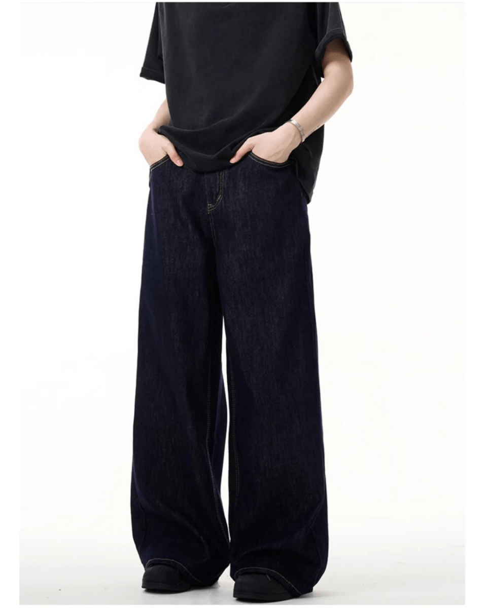 Simple Wide Leg Denim Jeans - Color: Navy Blue - DRIPIOT