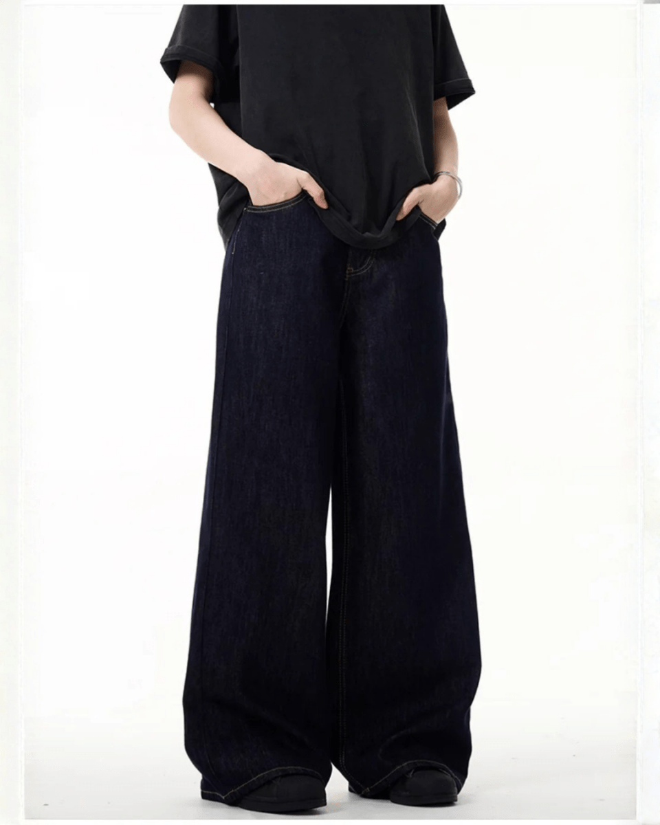 Simple Wide Leg Denim Jeans - Color: Navy Blue - DRIPIOT