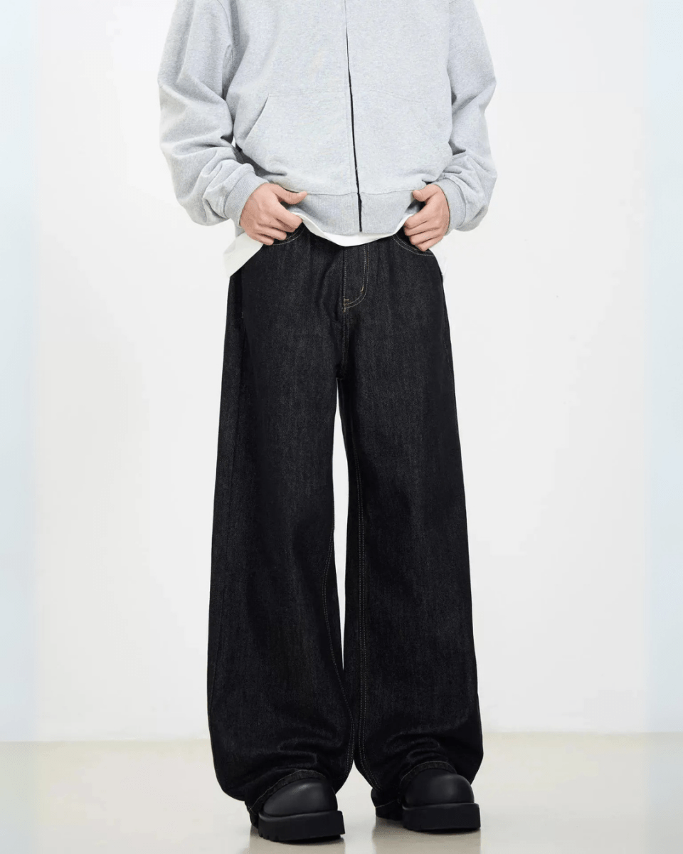 Simple Wide Leg Denim Jeans - Color: Solid Black - DRIPIOT
