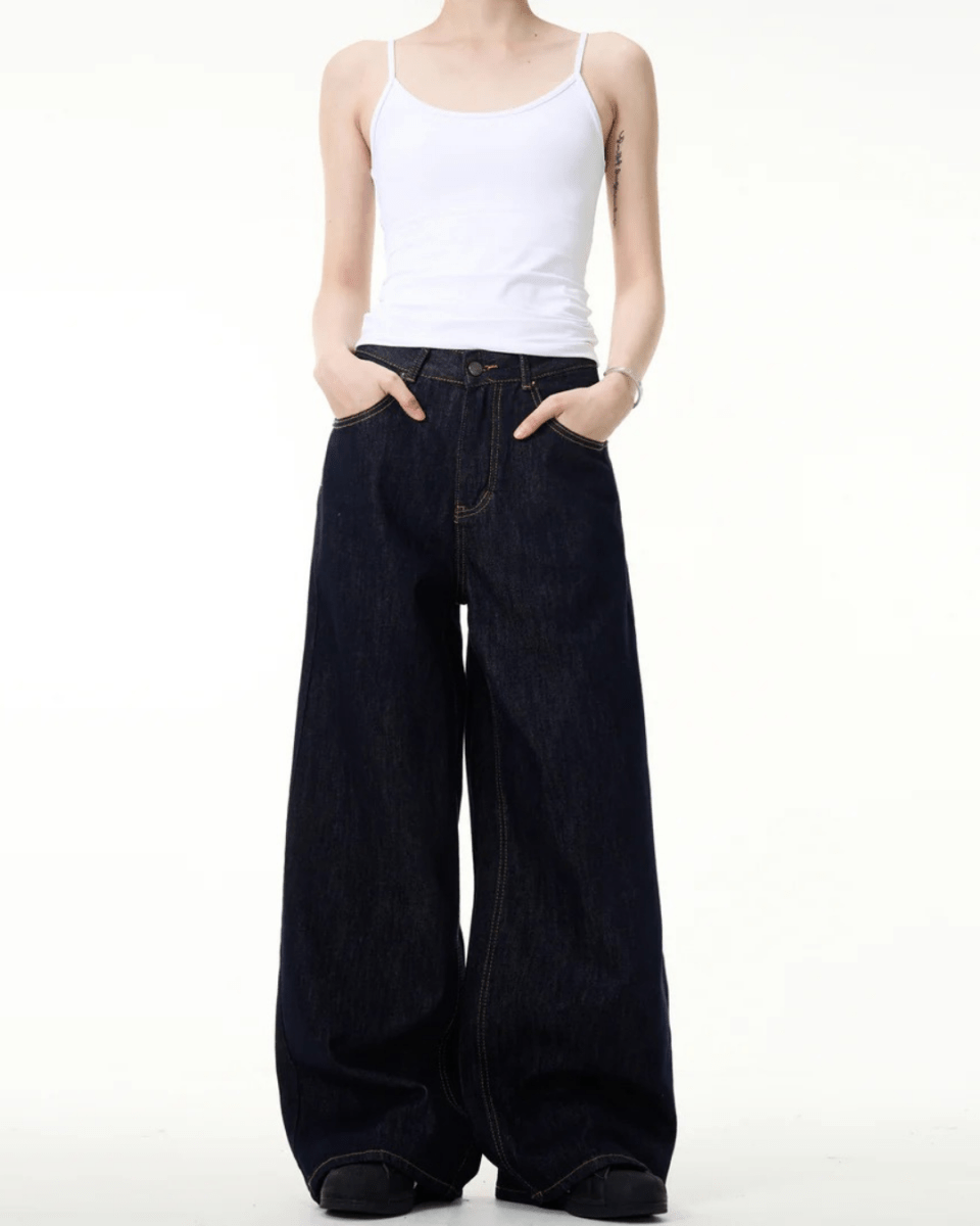 Simple Wide Leg Denim Jeans - Color: Navy Blue - DRIPIOT
