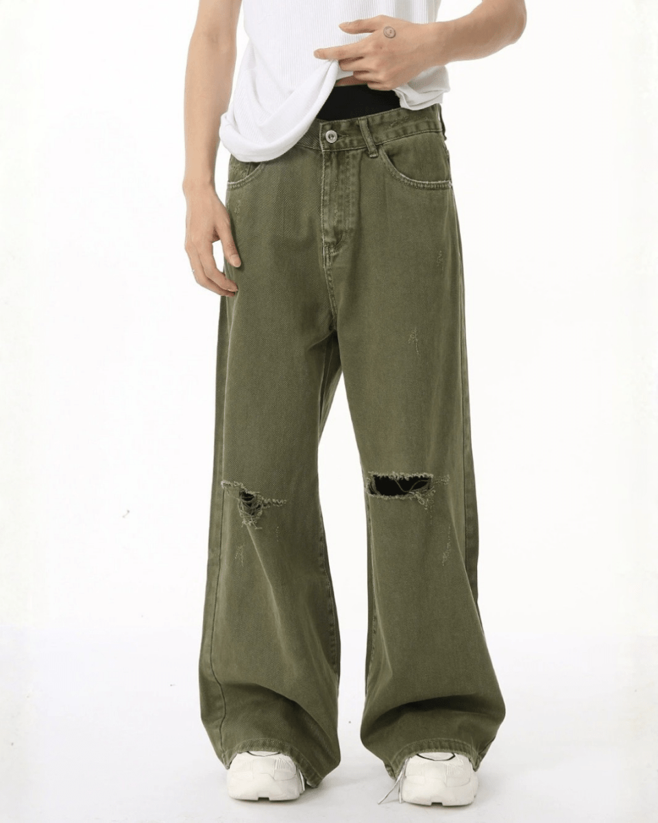 Solid Green Hole Jeans - Color: Green - DRIPIOT