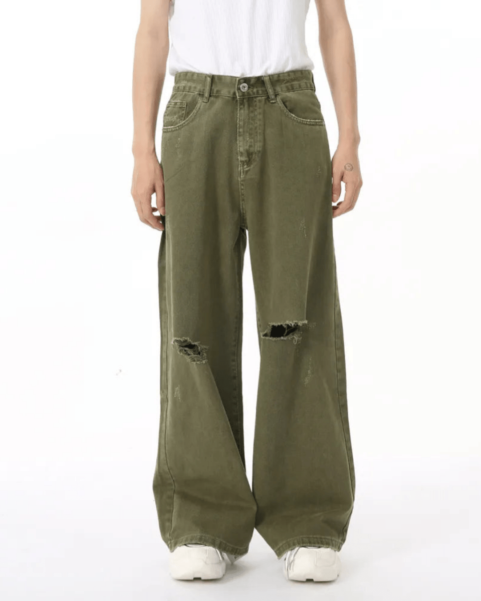 Solid Green Hole Jeans - Color: Green - DRIPIOT