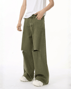 Solid Green Hole Jeans - Color: Green - DRIPIOT