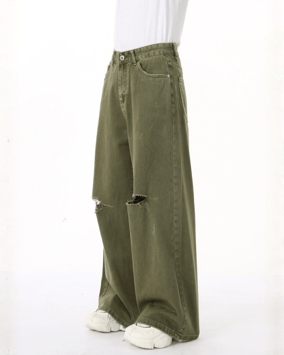 Solid Green Hole Jeans - Color: Green - DRIPIOT