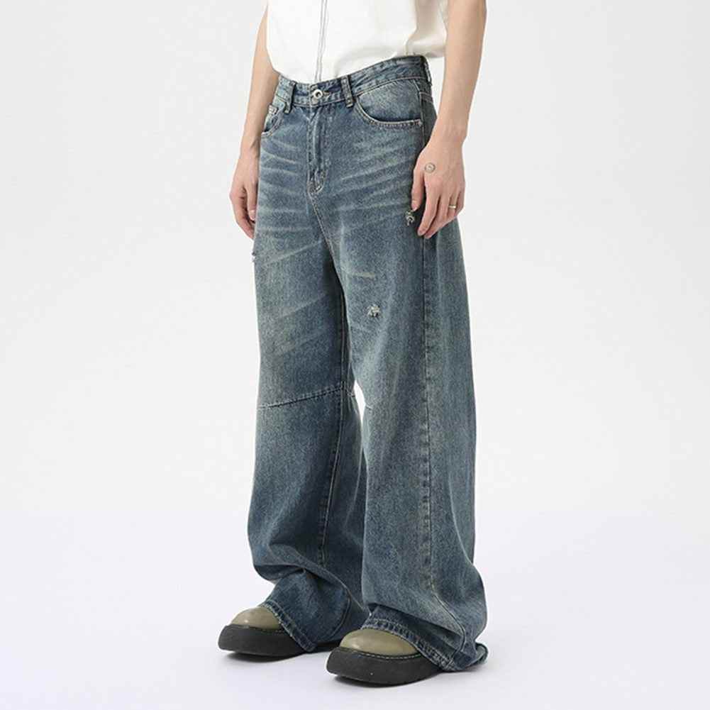 Washed Casual Straight Jeans - Color: Blue - DRIPIOT