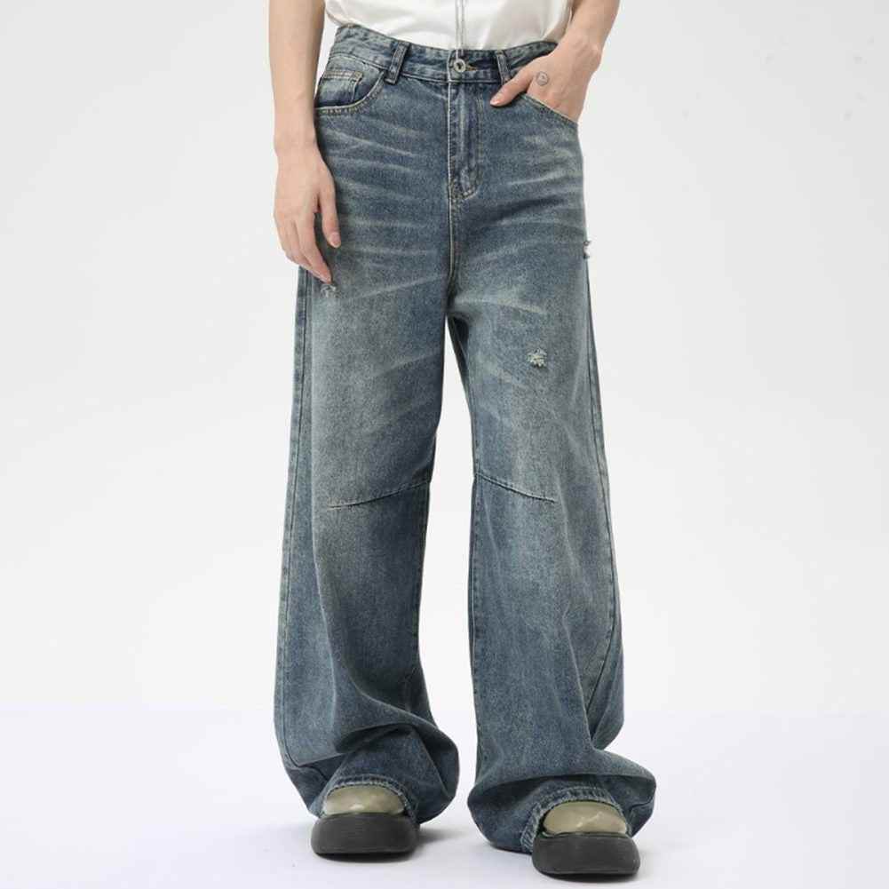 Washed Casual Straight Jeans - Color: Blue - DRIPIOT
