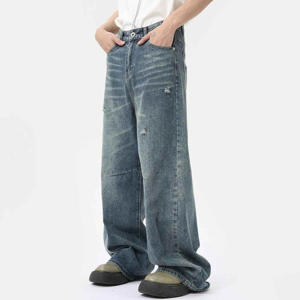Washed Casual Straight Jeans - Color: Blue - DRIPIOT