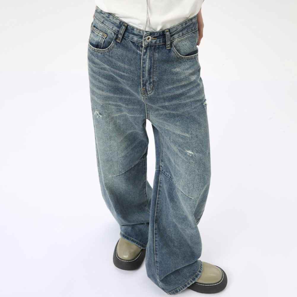Washed Casual Straight Jeans - Color: Blue - DRIPIOT