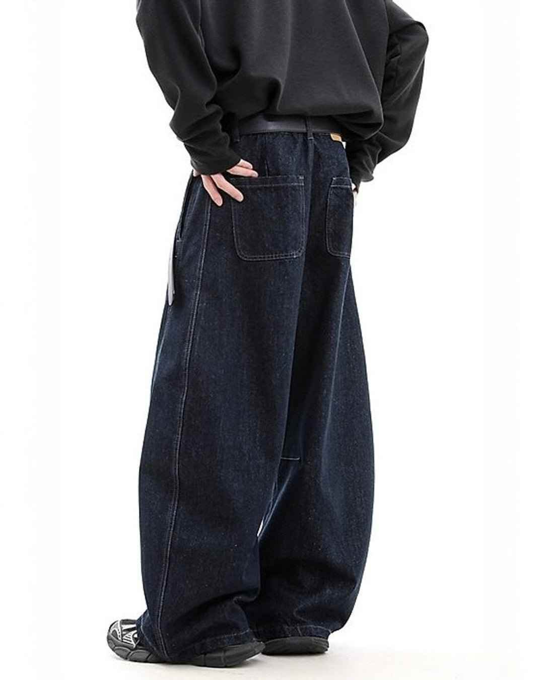 Wide Leg Curved Knife Jeans - Color: Blue - DRIPIOT