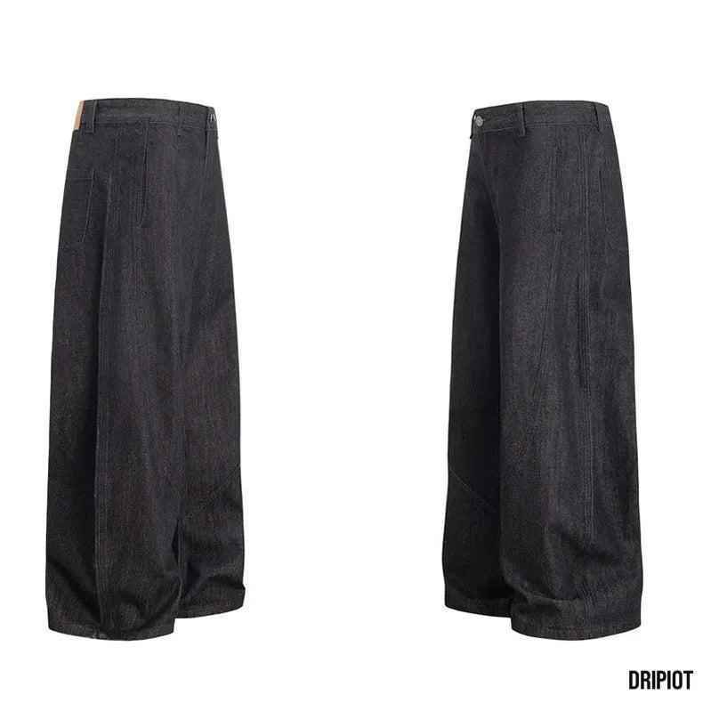 Wide Leg Curved Knife Jeans - Color: Black - DRIPIOT